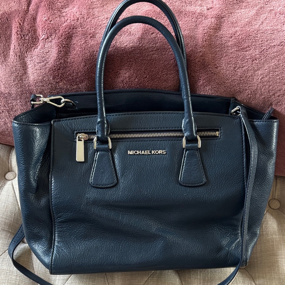 Michael Kors Navy Blue Leather Satchel with Gold Hardware